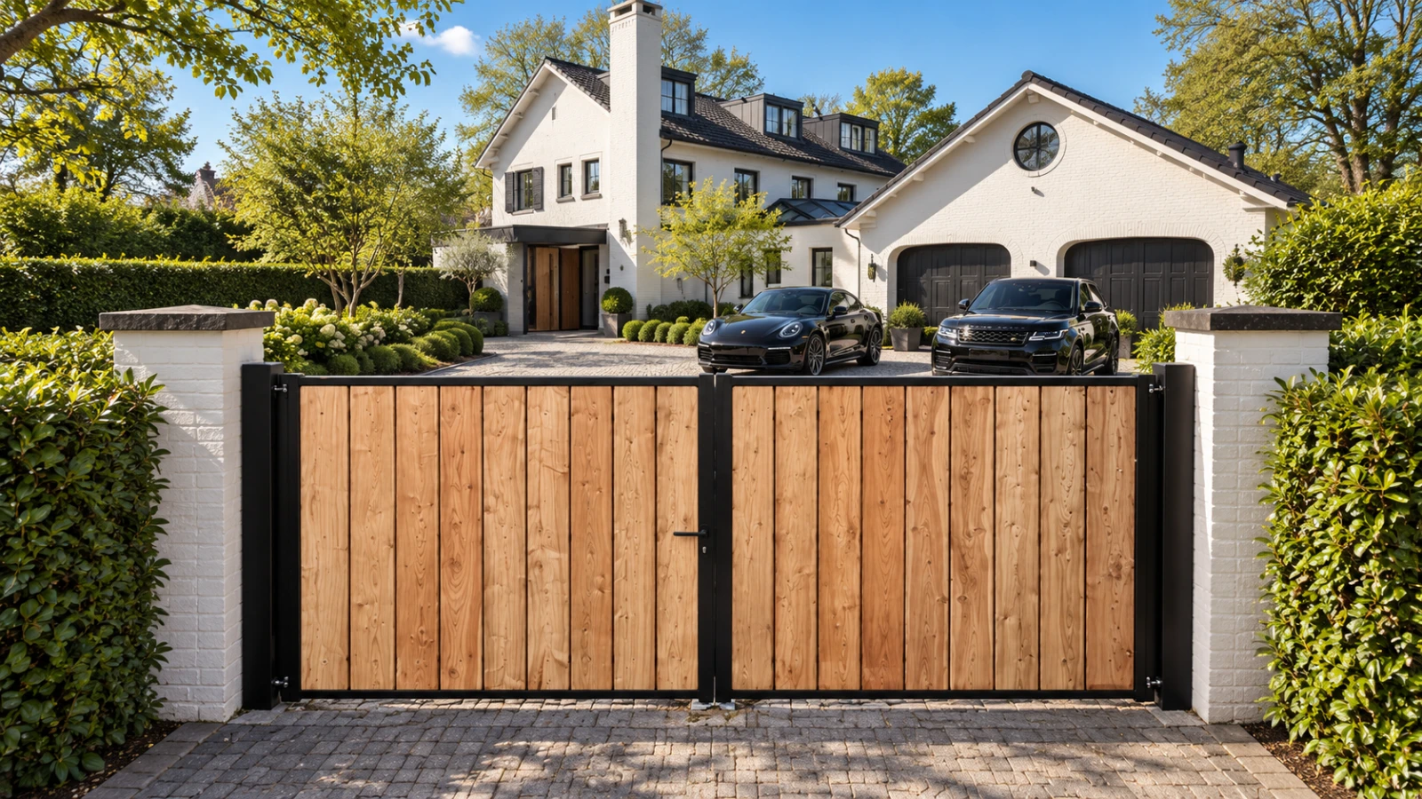 Houten dubbele poort met zwart frame voor de oprit van een witte villa