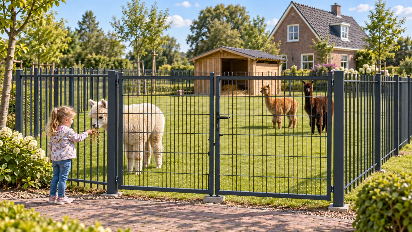 Meisje aait een alpaca door een antracietkleurig hekwerk in een tuin